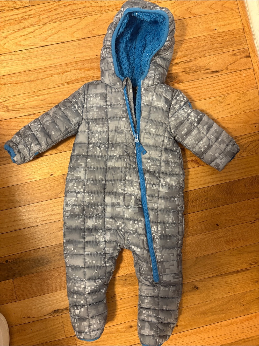 Snozu Gray One-Piece Quilted Footed Snowsuit with Blue Lining
